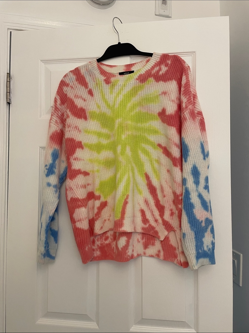 Aqua cotton. Tie-Dye Crewneck Sweater in Pink, Lime & Blue